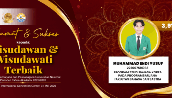 Selamat dan sukses kepada Muhammad Endi Yusuf, mahasiswa Program Studi Bahasa Korea, Fakultas Bahasa dan Sastra Universitas Nasional